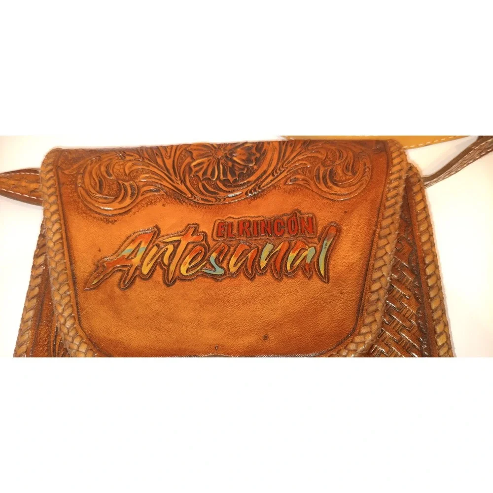 Vintage purse Leather Hand Tooled Handbag El Rincon Mexico Artesanal Boho Retro